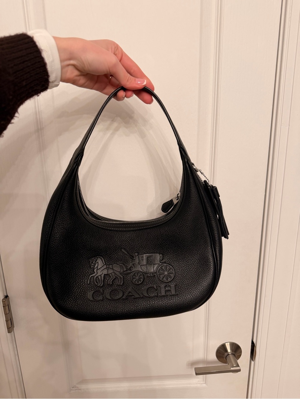 Coach Black Pebbled Leather Shoulder Bag with Embossed Coach Logo